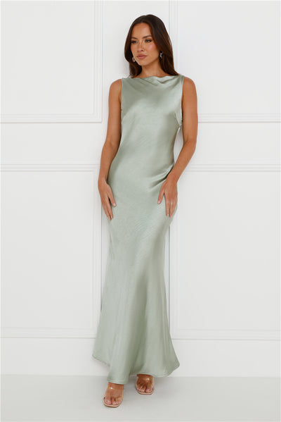 Classy Entrance Satin Slip Maxi Dress Sage