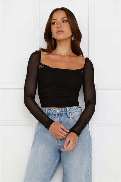 Decadent Style Mesh Long Sleeve Crop Top Black