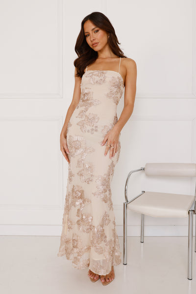 Glimmers Of Gold Mesh Maxi Dress Beige